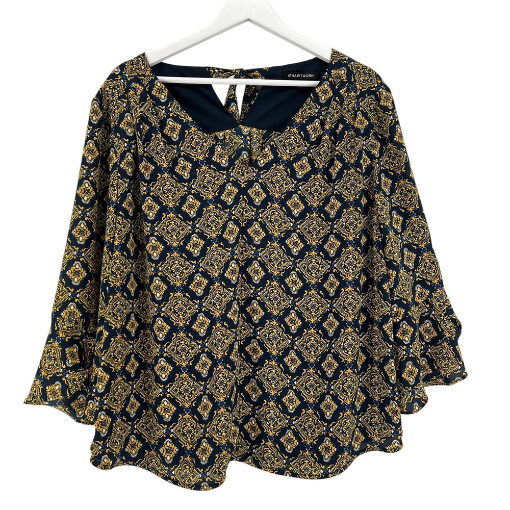 41 Hawthorn Blouse Womens XL Blue Floral Bell Sleeve Tunic Top Lined Boho